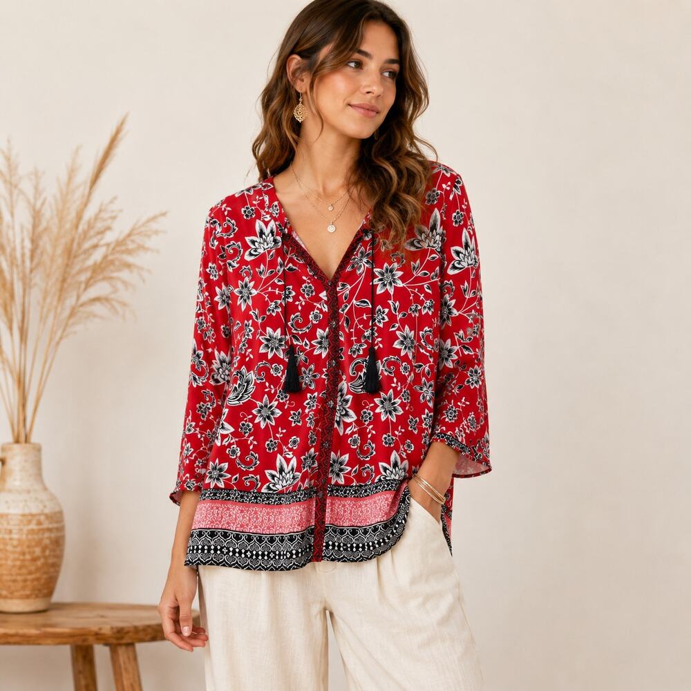 Susan Graver Liquid Knit Button-Up Blouse Women's Size L NWOT Boho Office Casual